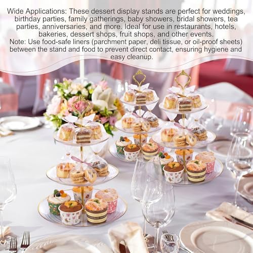 8 Pack 3 Tier Cupcake Stand Bulk Tiered Dessert Stand Thick Plastic Serving Tray with Gold Edges Dessert Table, alternate