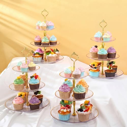 8 Pack 3 Tier Cupcake Stand Bulk Tiered Dessert Stand Thick Plastic Serving Tray with Gold Edges Dessert Table, alternate