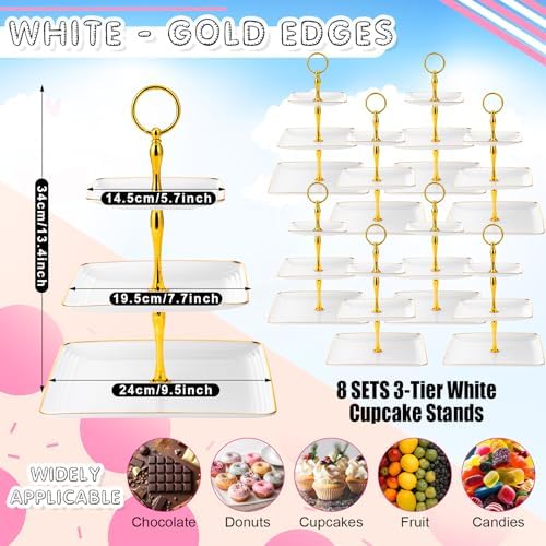 8 Pack 3 Tier Cupcake Stand Bulk Tiered Dessert Stand, White in White, alternate view 3