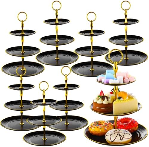 8 Pack 3 Tier Plastic Cupcake Stand Bulk, Black, Round in Black