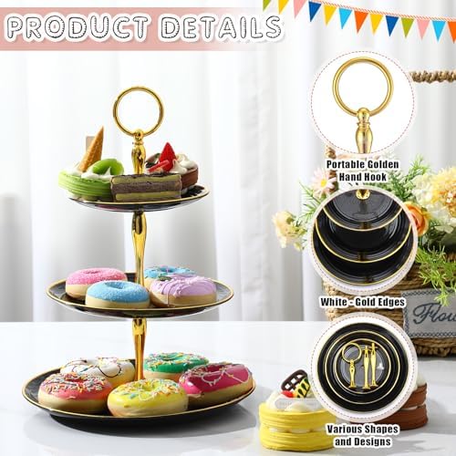 8 Pack 3 Tier Plastic Cupcake Stand Bulk, Black, Round in Black, alternate view 3