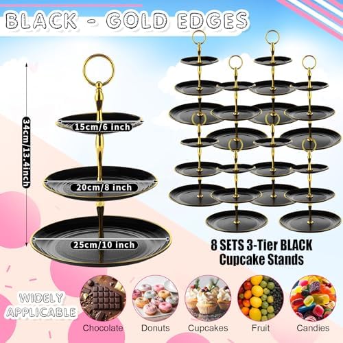 8 Pack 3 Tier Plastic Cupcake Stand Bulk, Black, Round in Black, alternate view 4
