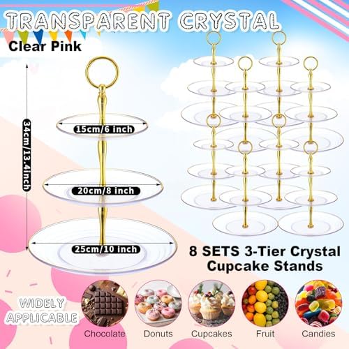 8 Pack 3 Tier Plastic Cupcake Stand Bulk, Clear, Round in Clear, alternate view 4