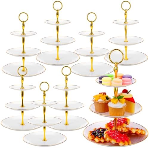8 Pack 3 Tier Plastic Cupcake Stand Bulk, White, Round in White