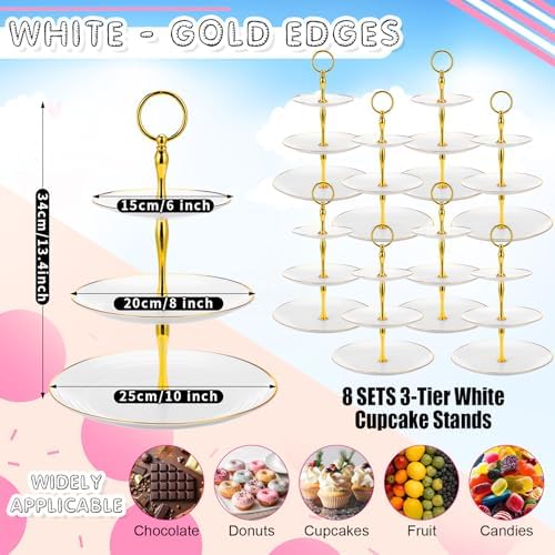 8 Pack 3 Tier Plastic Cupcake Stand Bulk, White, Round in White, alternate view 4