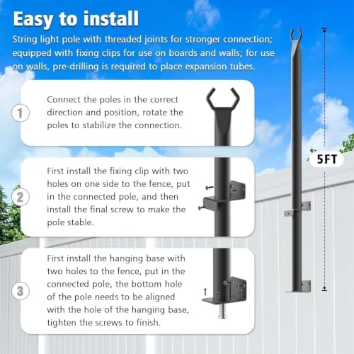 8 Pack 5Ft String Light Poles, Outside String Lights, Outdoor Light Poles, Metal Poles Stand for Patio, alternate view 7