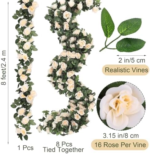 8 Pack 64 FT Cream Flower Garland Artificial Rose Vines Roses Fake Vine Flowers Plants Party Supplies for, alternate view 2