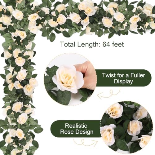 8 Pack 64 FT Cream Flower Garland Artificial Rose Vines Roses Fake Vine Flowers Plants Party Supplies for, alternate view 3