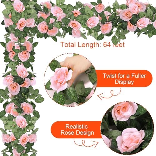 8 Pack 64 FT Pink Flower Artificial Rose Vines Roses Fake Vine Flowers Plants Party Supplies for Holiday Wedding, alternate