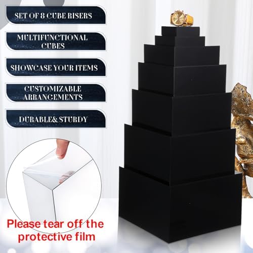 8 Pack Acrylic Buffet Display Risers for Food Jewelry, Black, Flat in Black, alternate view 4