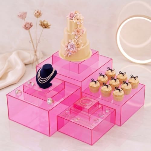 8 Pack Acrylic Buffet Display Risers for Food Jewelry, Pink, Flat in Pink