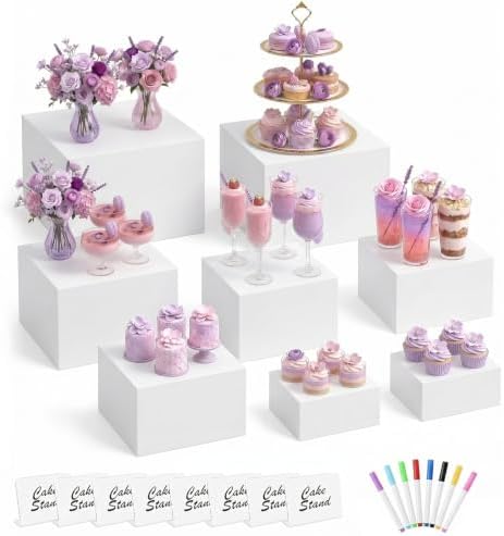 8 Pack Acrylic Buffet Risers and Stand,9" 8" 7" 6" 5" 5" 4" 4" White in White
