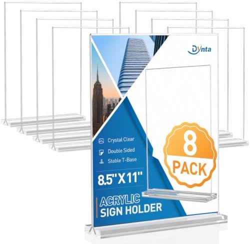 8 Pack Acrylic Sign Holder 8.5 x 11, Clear Display Stand with Stable Base, Double Sided Table Sign Holder for