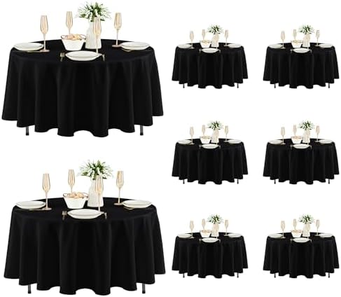 8 Pack Black Round Tablecloths 70 Inch for 36"-48" Tables in Black