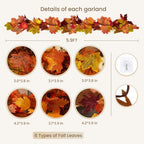 8 Pack Fall Leaf Garland, Hanging Fall Vines Autumn Garland Artificial Maple Fall Leaves Thanksgiving Decor for, alternate