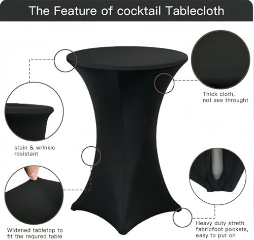 8 Pack High Top Cocktail Table Covers Black 32x43 Inch Fitted Stretch Round Cocktail Table Tablecloths Spandex, alternate