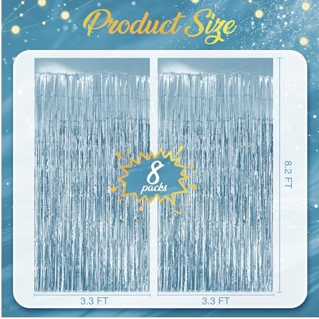 8 Pack Light Blue Fringe Backdrop, 3.2x8.2ft Shining Foil Tinsel Curtains, Birthday Party Decorations Door, alternate view 4