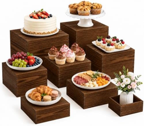 8 Pack Natural Wood Buffet Risers, Pine Wood Food Display Stands with Mortise-and-Tenon Joinery, Multi-Size