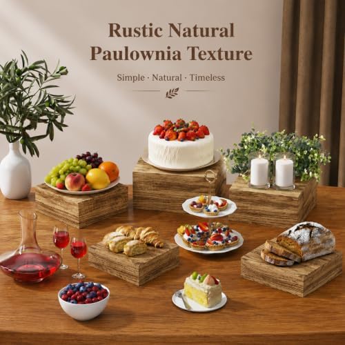 8 Pack Paulownia Wood Buffet Risers, Multi-Size Food Display Stands in Brown, alternate view 2