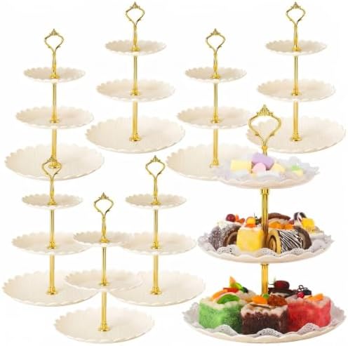 8 Pack Plastic 3 Tier Cupcake Dessert Stand Holder, Cream White in Cream White