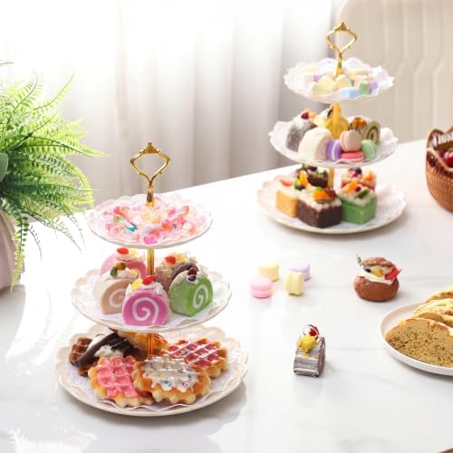 8 Pack Plastic 3 Tier Cupcake Dessert Stand Holder, Cream White in Cream White, alternate view 2