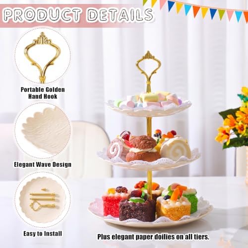 8 Pack Plastic 3 Tier Cupcake Dessert Stand Holder, Cream White in Cream White, alternate view 3