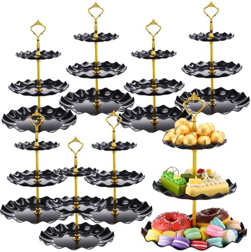 8 Pack Plastic 3 Tier Cupcake Stand Holder, Black in Black