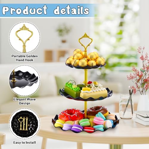 8 Pack Plastic 3 Tier Cupcake Stand Holder, Black in Black, alternate view 3