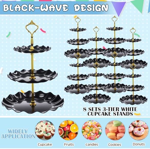 8 Pack Plastic 3 Tier Cupcake Stand Holder, Black in Black, alternate view 4
