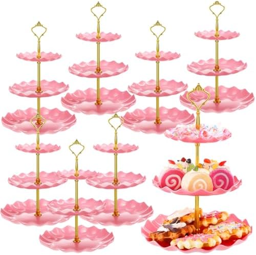 8 Pack Plastic 3 Tier Cupcake Stand Holder, Pink in Pink