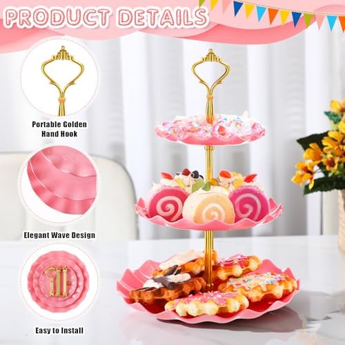 8 Pack Plastic 3 Tier Cupcake Stand Holder, Pink in Pink, alternate view 3