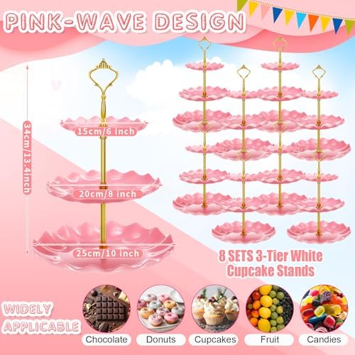 8 Pack Plastic 3 Tier Cupcake Stand Holder, Pink in Pink, alternate view 4