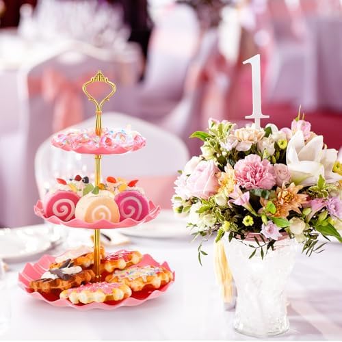 8 Pack Plastic 3 Tier Cupcake Stand Holder, Pink in Pink, alternate view 6