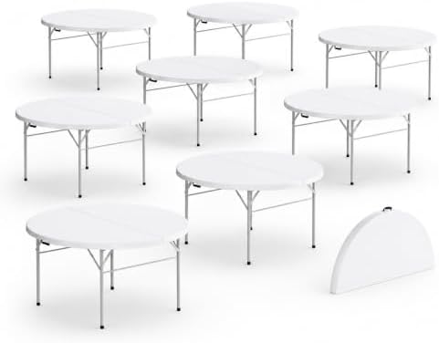 8 Pack Round Plastic Bi-Fold Folding Table, 60 Inch, Granite White, Alloy Steel Frame, for Banquets, Catering