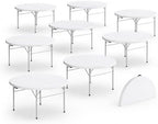 8 Pack Round Plastic Bi-Fold Folding Table, 60 Inch, Granite White, Alloy Steel Frame, for Banquets, Catering