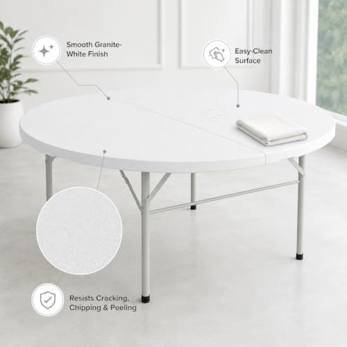 8 Pack Round Plastic Bi-Fold Folding Table, 60 Inch, Granite White, Alloy Steel Frame, for Banquets, Catering, alternate view