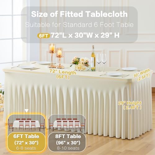 8 Pack Spandex Beige Fitted Table Cloth for 6ft Rectangle Tables Beige Stretch Tablecloth Table Covers Skirt, alternate view