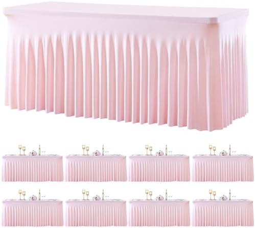 8 Pack Spandex Pink Fitted Table Cloth for 6ft Rectangle Tables Pink Stretch Tablecloth Table Covers Skirt