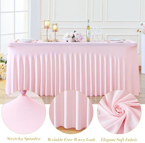 8 Pack Spandex Pink Fitted Table Cloth for 6ft Rectangle Tables Pink Stretch Tablecloth Table Covers Skirt, alternate view 6