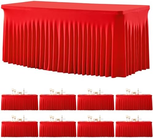 8 Pack Spandex Red Fitted Table Cloth for 6ft Rectangle Tables Red Stretch Tablecloth Table Covers Skirt Banquet