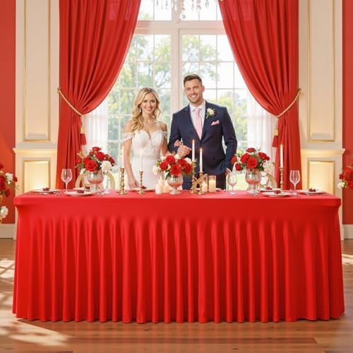 8 Pack Spandex Red Fitted Table Cloth for 6ft Rectangle Tables Red Stretch Tablecloth Table Covers Skirt Banquet, alternate
