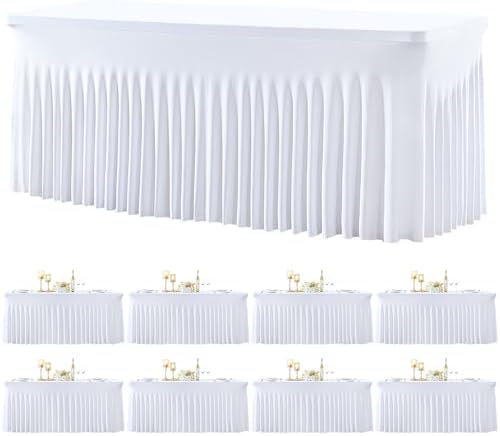 8 Pack Spandex White Fitted Table Cloth for 6ft Rectangle Tables White Stretch Tablecloth Table Covers Skirt