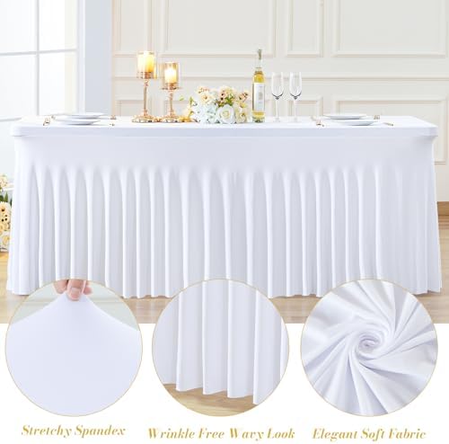 8 Pack Spandex White Fitted Table Cloth for 6ft Rectangle Tables White Stretch Tablecloth Table Covers Skirt, alternate view