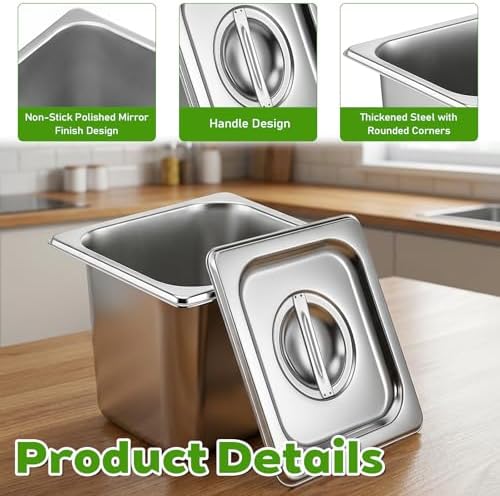 8 Pack Stainless Steel Hotel Pans, 1/6 Size Hotel Steam Table Pan 6 Inch Deep With Lids, Stainless Steel, alternate view 3