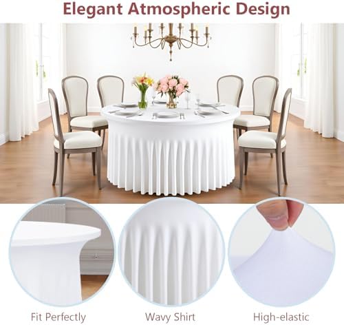 8 Pack White Round Spandex Tablecloths for 60 inch Table, 120 Inch Spandex Fitted Tablecloths, Wrinkle Free, alternate view 3