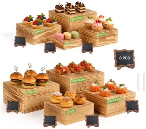 8 Pack Wooden Buffet Risers for Food Display, 8 Mini Sign