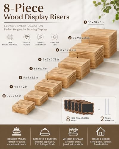 8 Pack Wooden Buffet Risers for Food Display, 8 Mini Sign, alternate view 6