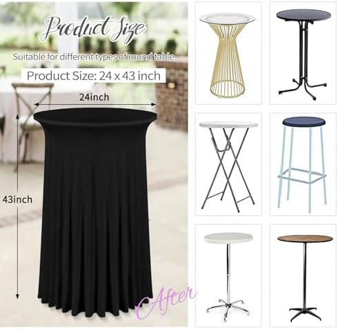 8 Packs 24"x 43" Round Cocktail Table Skirt, Black in Black, alternate view 3