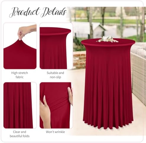 8 Packs 32"x 43" Round Cocktail Table Skirt, Burgundy, alternate view 4