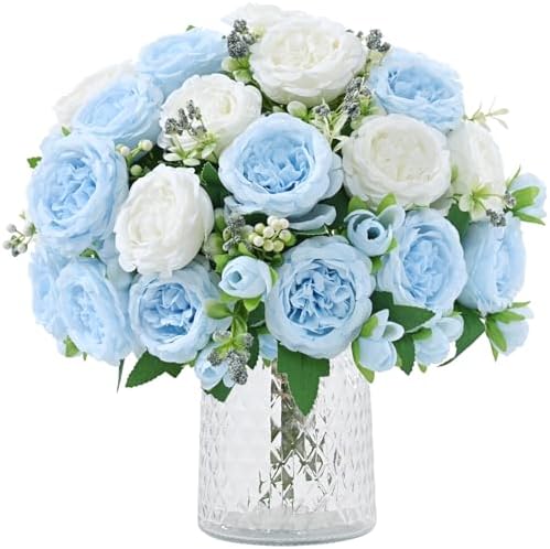 8 Packs Peonies Artificial Flowers Mixed White Blue Silk Artificial Peonies in Mixed White Blue